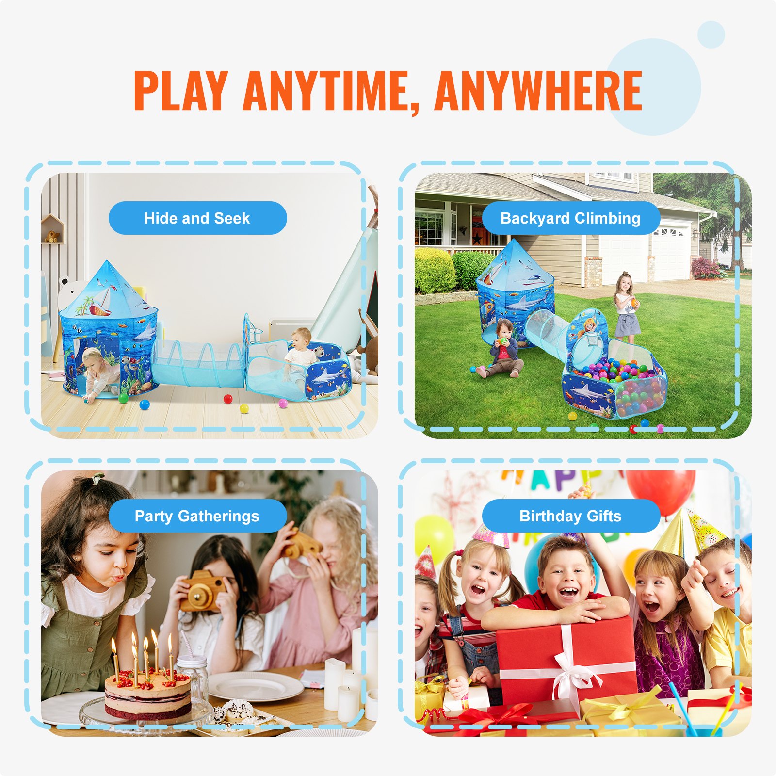 VEVOR 3-in-1-Spielzelt für Kinder mit Tunnel, Basketballkorb für Jungen, Mädchen, Babys und Kleinkinder, Pop-Up-Spielhaus für drinnen und draußen mit Tragetasche und Spanngurten, Geburtstagsgeschenke,