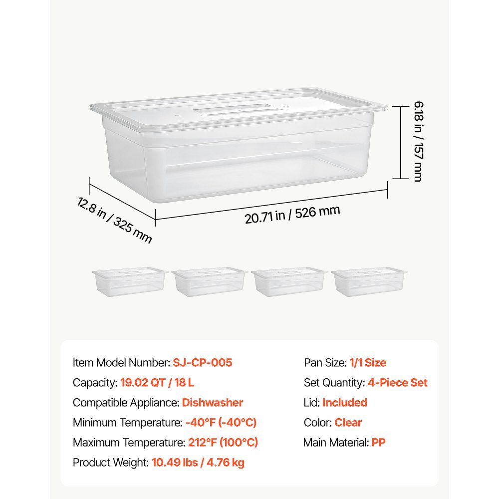 VEVOR GN 1/1 Behälter 15 cm Tief 4er-Set Lebensmittelbehälter mit Deckel PP für Restaurants, Buffets & Salatbars, 526 x 325 x 157 mm, –40 bis 100 °C, Spülmaschinenfest, Stapelbar, Skalenmarkierung