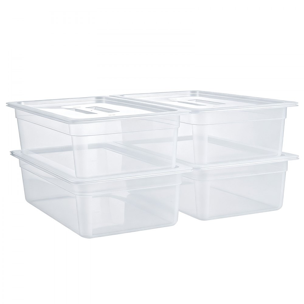 VEVOR GN 1/1 Behälter 15 cm Tief 4er-Set Lebensmittelbehälter mit Deckel PP für Restaurants, Buffets & Salatbars, 526 x 325 x 157 mm, –40 bis 100 °C, Spülmaschinenfest, Stapelbar, Skalenmarkierung