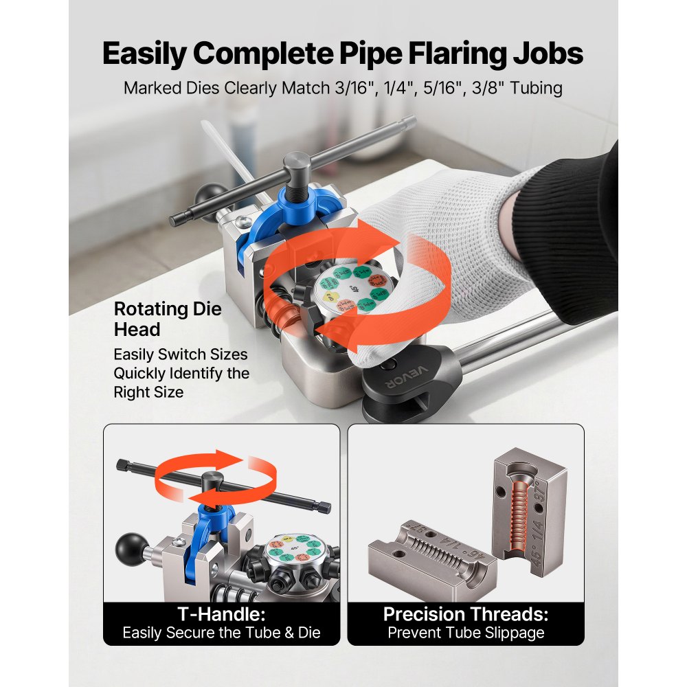 VEVOR 9 tlg. Bremsleitung Bördelgerät Set, 45° Bördelwerkzeug für Bubble- & Doppelbördelung, Rohraufweiter mit 4 Satz Matrizen für 4,76-9,52mm Außendurchmesser, Bremsleitung Reparatursatz für KFZ