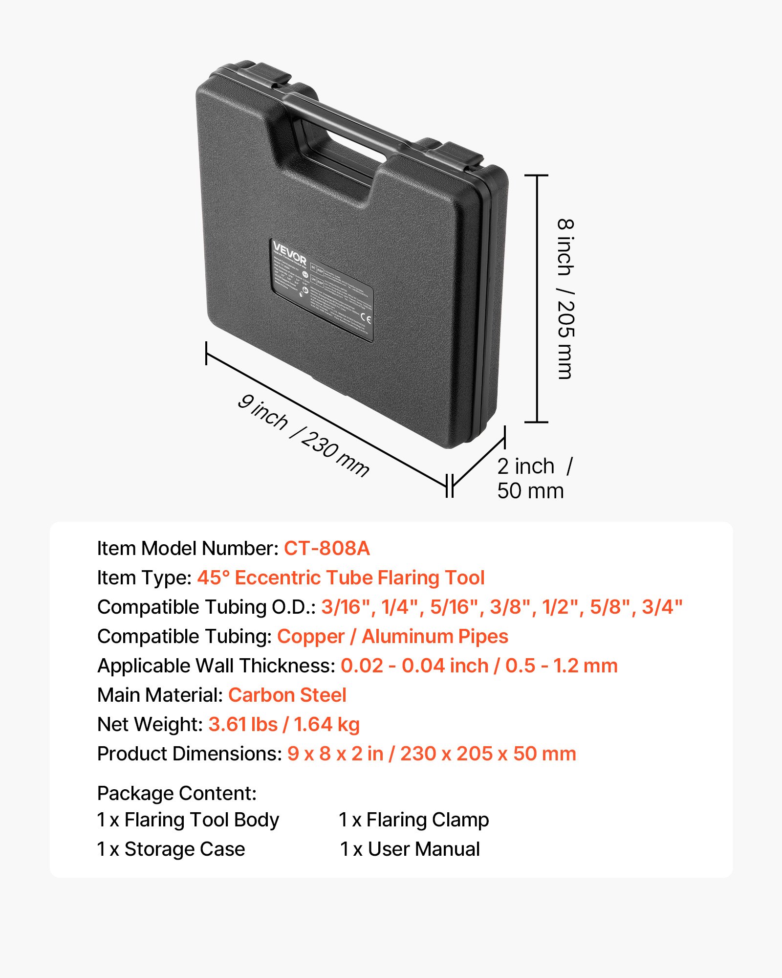 VEVOR 2 tlg. Bördelwerkzeuge Set, 45° Exzentrisches Bördelgerät für Einzelbördelung, HVAC-Bördel für 4,76-19,05 mm Kupfer- & Aluminiumrohre, Reparatursatz mit Werkzeugkasten für Kilmaanlagen Rohre