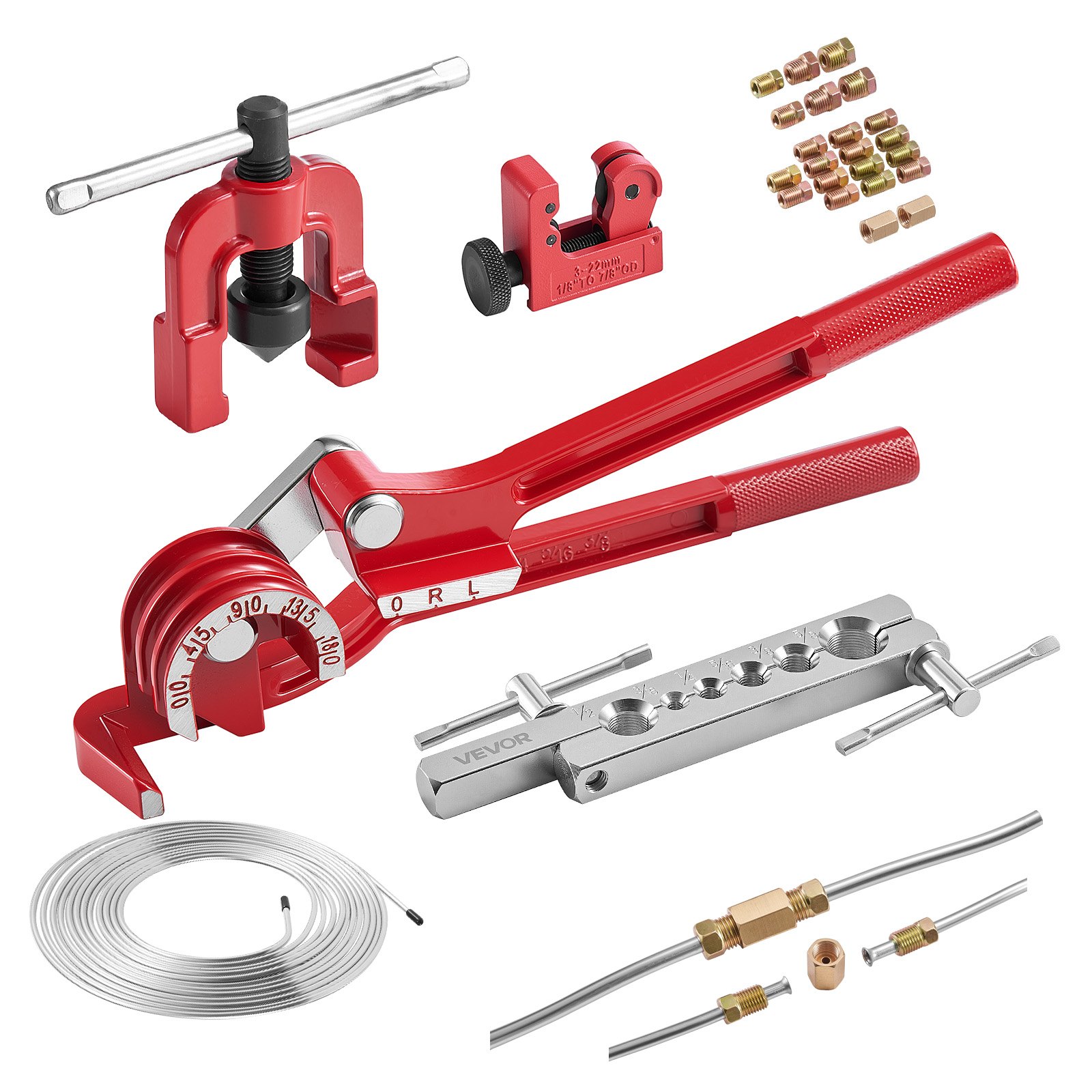 VEVOR 5 tlg. Bremsleitung Bördelgerät Set, 45° Bördelwerkzeug mit 7,6m x 4,76mm Bremsleitung für Einfachbördelung, Rohraufweiter mit 20 Anschlüssen 2 Verbindern & Rohrbieger, Reparatursatz für KFZ