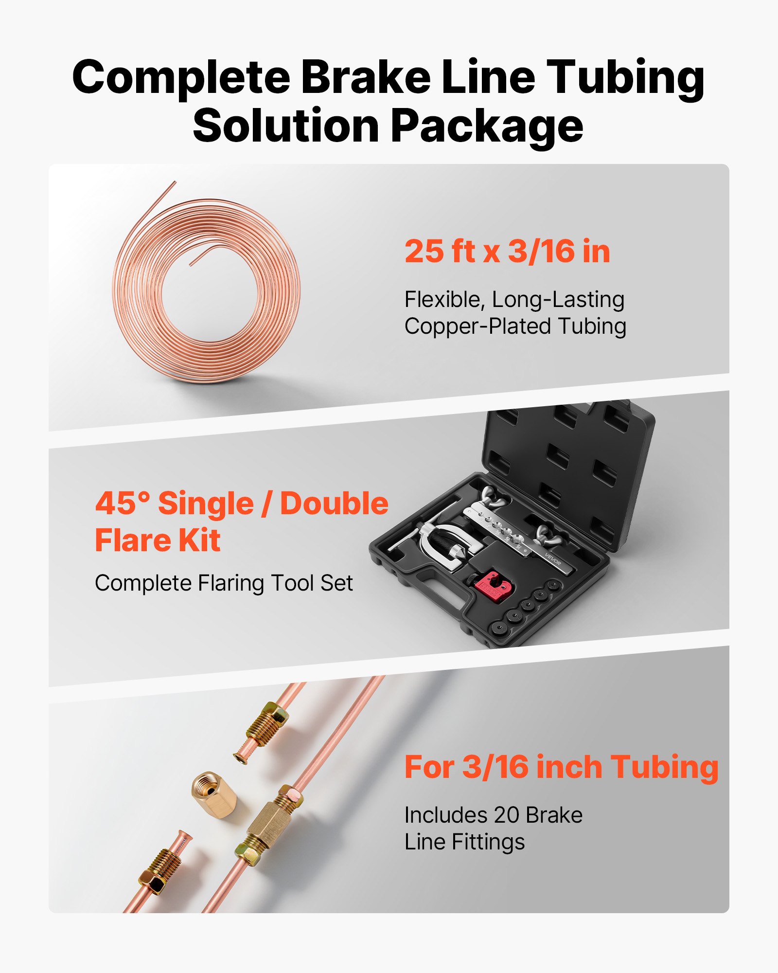 VEVOR 9 tlg. Bremsleitung Bördelgerät Set, 45° Bördelwerkzeug mit 7,6m x 4,76mm Bremsleitung für Einfach- & Doppelbördelung, Rohraufweiter mit 16 Anschlüssen 4 Verbindern, Reparatursatz für Autos LKWs