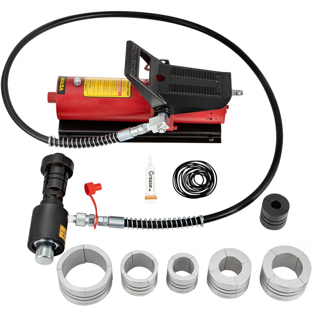 VEVOR Hydraulischer Auspuffrohr-Expander, Größe 4,13 bis 10,8 cm, 10-T-Pedalpumpe im Lieferumfang enthalten, mit 4 Matrizen, 2 Aufbewahrungskoffern für Kupfer-Aluminium-Rohre bei der Autoreparatur