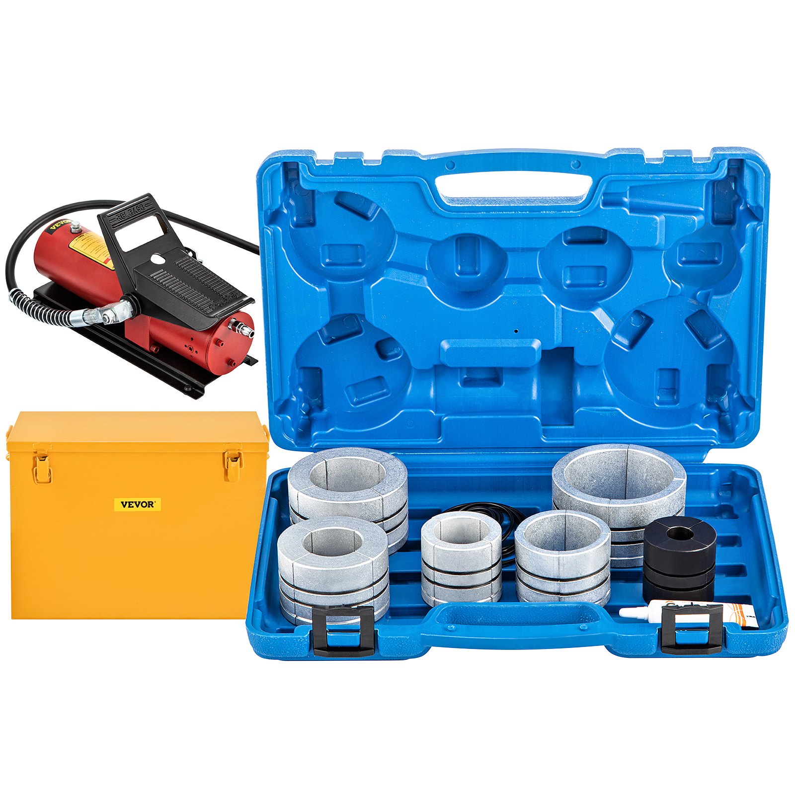 VEVOR Hydraulischer Auspuffrohr-Expander, Größe 4,13 bis 10,8 cm, 10-T-Pedalpumpe im Lieferumfang enthalten, mit 4 Matrizen, 2 Aufbewahrungskoffern für Kupfer-Aluminium-Rohre bei der Autoreparatur