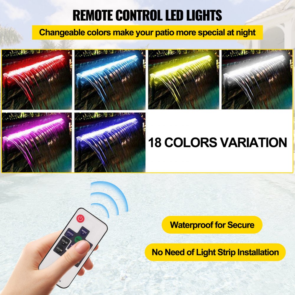 VEVOR Swimming Pool Waterfall Overflow Channel 120 x 11.5 x 8 cm Stainless Steel Swimming Pool Waterfall Fountain with Colorful LED Strip, Hose Connection, Remote Control, Corrosion-Resistant for Pond, Garden, Pool