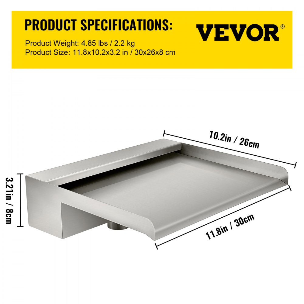 VEVOR Wasserfall Pool aus Edelstahl Wasserfall Fontäne 30x26x8cm Schwallbrause 37mm Wassereinlass Schwalldusche Robust und Korrosionsbeständig Kompatibel mit Tauchpumpen Ideal für Garten Hof Terrasse