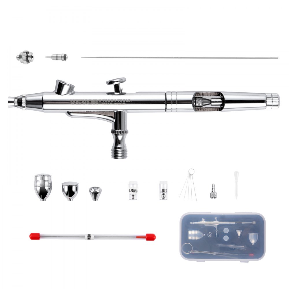 VEVOR Airbrush-Set mit Dual-Action-Airbrush, verschiedenen Düsen und Komponenten im Kunststoffkoffer.