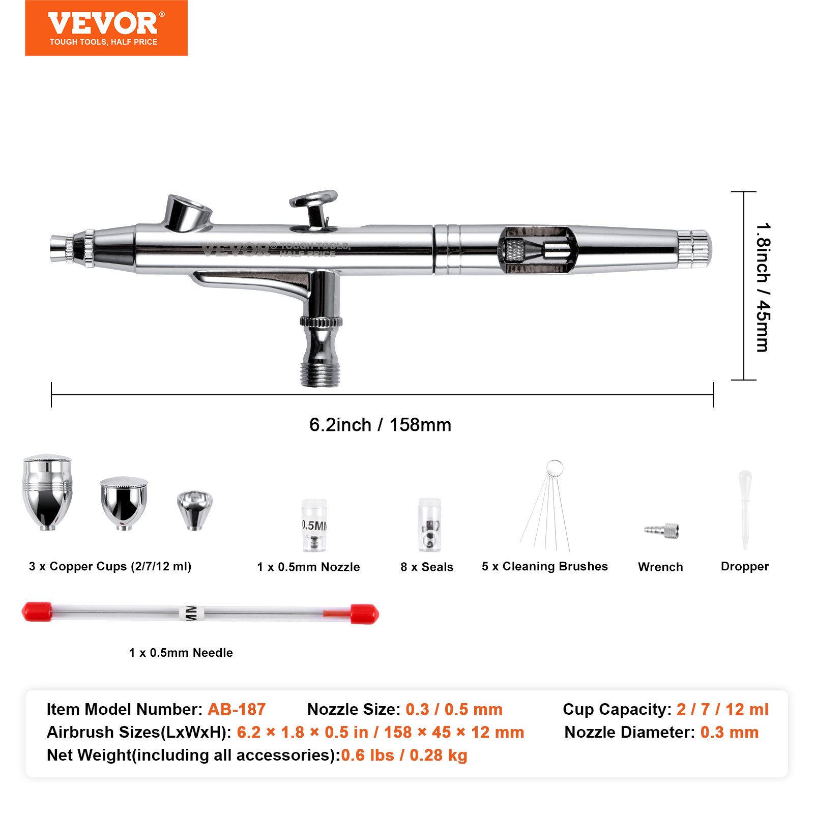VEVOR Airbrush-Pistole, 0,3 mm und 0,5 mm Dual Action Gravity Feed Airbrush, Airbrush-Set mit 2/7/12 ml Kupferbechern & Reinigungszubehör, Airbrush-Pistole zum Bemalen von Modellen, Kuchen