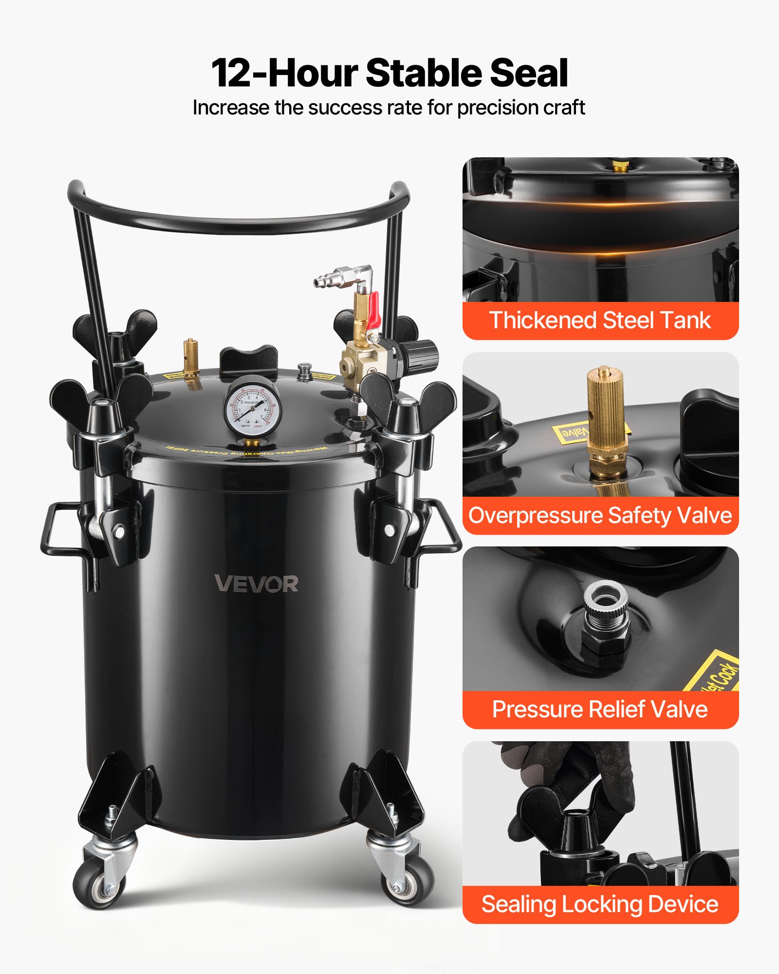 VEVOR Druckbehälter für Sprühfarbe, 20 L Drucktank aus Stahl mit 2 Anschlüssen (EU/AU) für Heimgebrauch Heimwerkerarbeiten Kunstkreationen, Farbbehälter mit großem Durchmesser & 4 Rollen