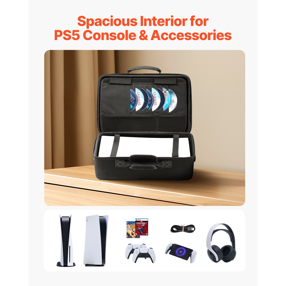 VEVOR PS5 Tragetasche, Reisetasche für Playstation 5, stoßfestes EVA, weiches Innenfutter & gepolsterte Trennwände für zusätzlichen Schutz, geräumiges Design mit Tragegriff, 420x210x300 mm