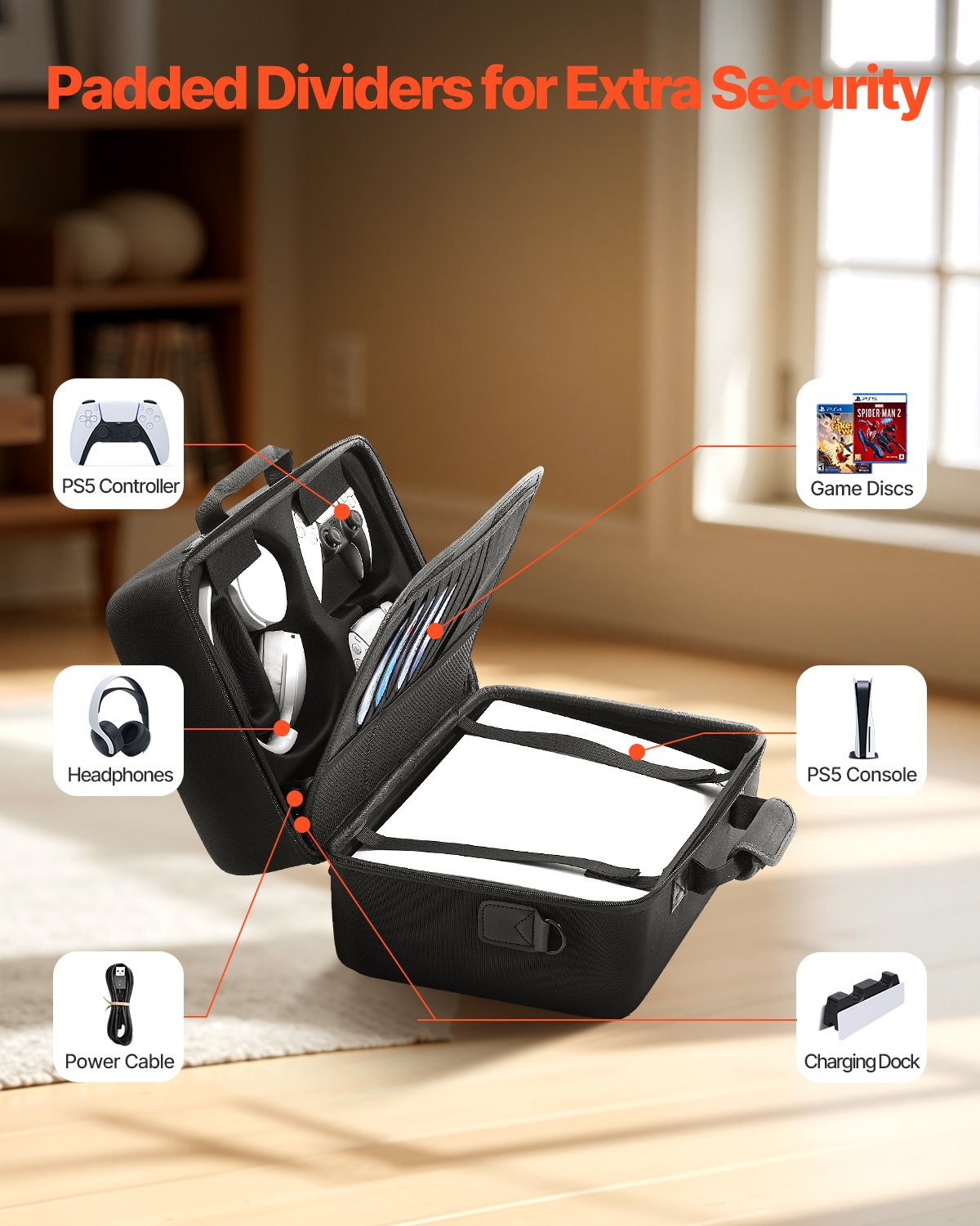 VEVOR PS5 Tragetasche, Reisetasche für Playstation 5, stoßfestes EVA, weiches Innenfutter & gepolsterte Trennwände für zusätzlichen Schutz, geräumiges Design mit Tragegriff, 420x210x300 mm