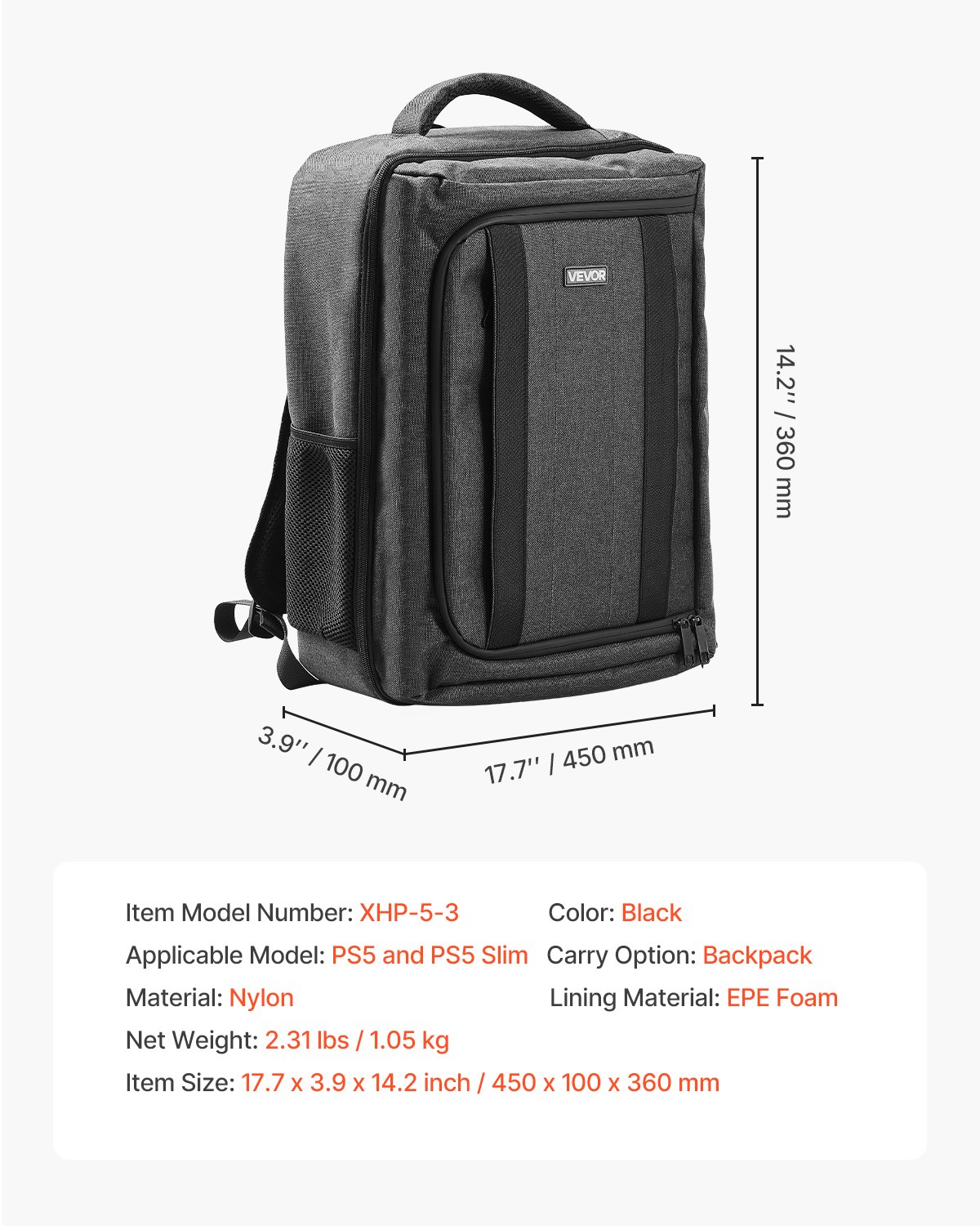 VEVOR PS5-Rucksack, Doppel-Schulter-Reisetasche für Playstation 5 & PS5 Slim, wasserdichtes Nylon, weiches Innenfutter & gepolsterte Trennwände für zusätzlichen Schutz, 450x100x360 mm