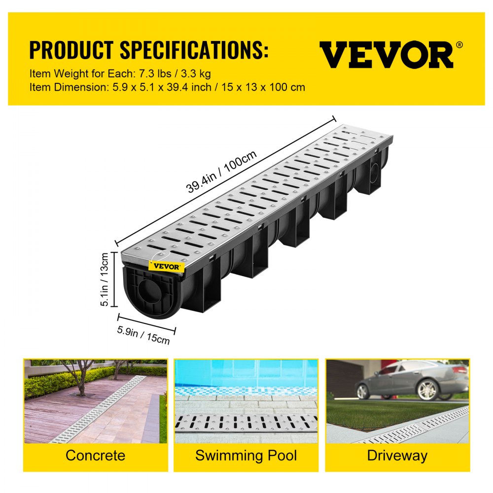VEVOR Entwässerungsrinne-Set, 3er-Pack, Terrassenrinne, Edelstahl-Grabenentwässerungssystem 15 x 13 x 100 cm, mit 3 Endkappen, Steckverbindung, für Gartenablauf, Auffahrt, Pool, Gehweg
