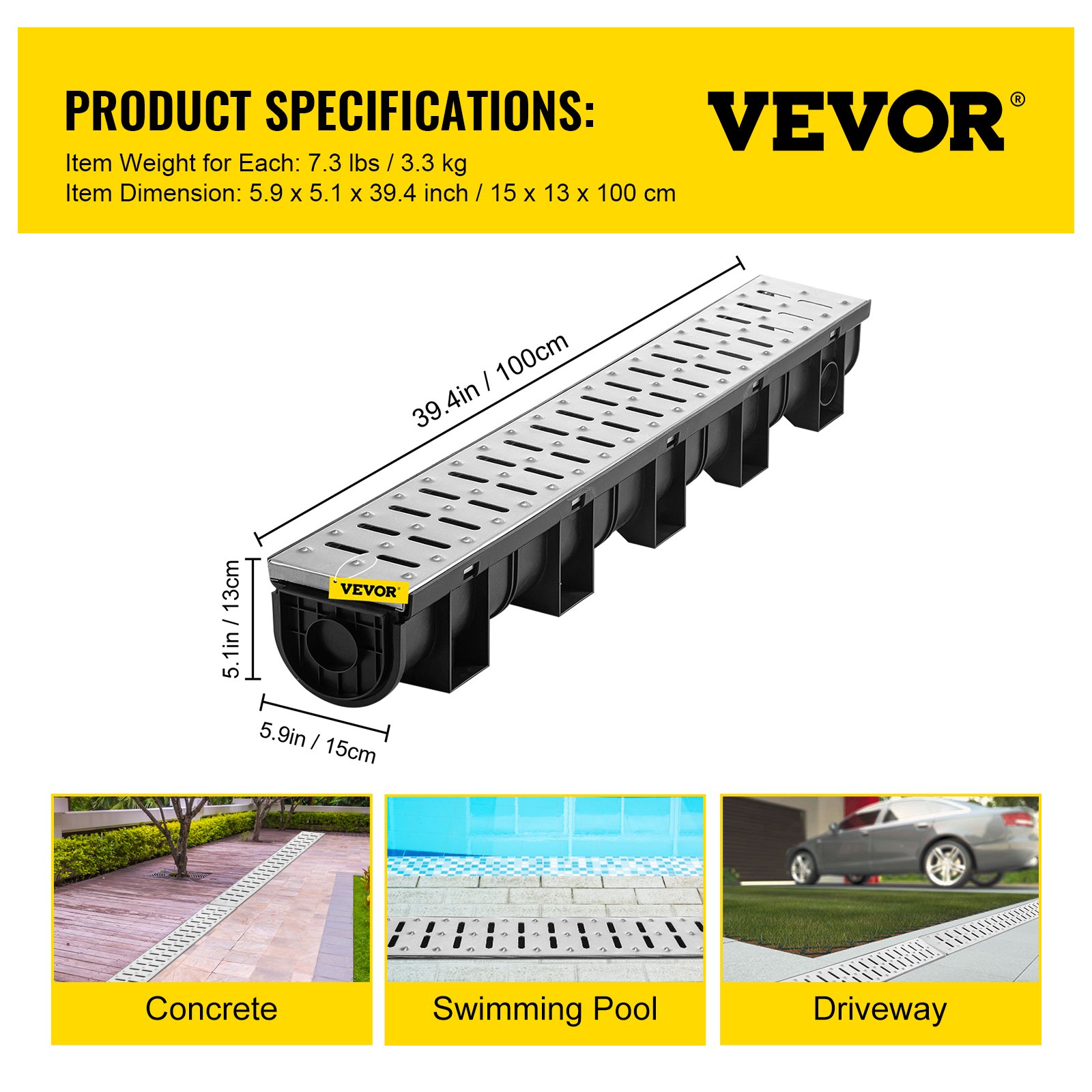 VEVOR drainage channel set, 3-pack, terrace channel, stainless steel trench drainage system 15 x 13 x 100 cm, with 3 end caps, plug-in connection, for garden drainage, driveway, pool, walkway