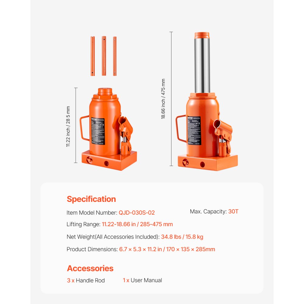 VEVOR Hydraulic Bottle Jack, 30 Ton/66138 lbs Welded Bottle Jack with 11.22''-18.66'' Lifting Range & 3-Section Long Handle, for Car, Pickup, Truck, RV, Auto Repair, Industrial Engineering