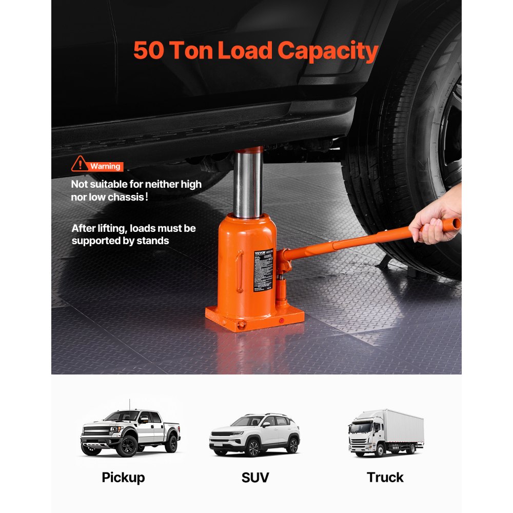 VEVOR hydraulischer Wagenheber, 50 t Stempelwagenheber Flaschenwagenheber mit 28-44 cm Hubbereich und 3-teiligem langem Griff, für Auto Pickup Lkw Wohnmobil Autoreparatur Industrietechnik