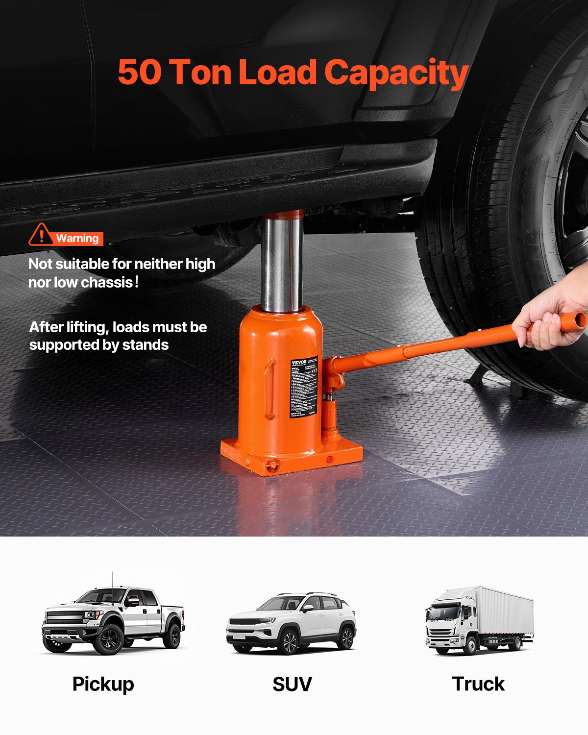 VEVOR hydraulischer Wagenheber, 50 t Stempelwagenheber Flaschenwagenheber mit 28-44 cm Hubbereich und 3-teiligem langem Griff, für Auto Pickup Lkw Wohnmobil Autoreparatur Industrietechnik