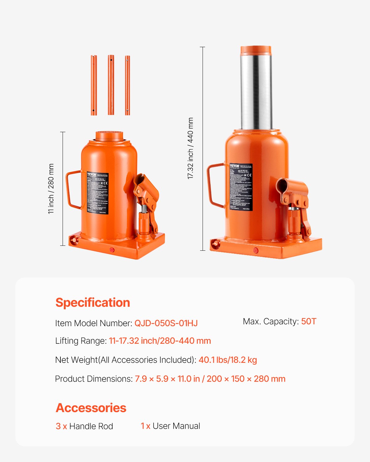 VEVOR hydraulischer Wagenheber, 50 t Stempelwagenheber Flaschenwagenheber mit 28-44 cm Hubbereich und 3-teiligem langem Griff, für Auto Pickup Lkw Wohnmobil Autoreparatur Industrietechnik