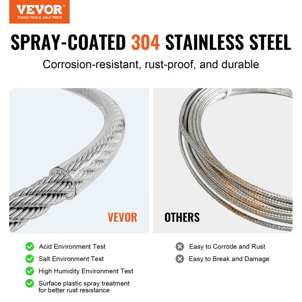 VEVOR wire rope set, 3.18 mm x 30.5 m, 304 stainless steel cable, with accessories, 2.9 kN breaking strength, 7 x 7 strands, marine and aircraft grade, for handrails, stairs, terraces, and outdoor fences
