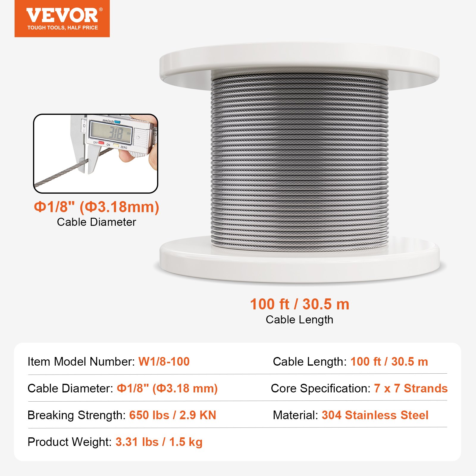 VEVOR wire rope set, 3.18 mm x 30.5 m, 304 stainless steel cable, with accessories, 2.9 kN breaking strength, 7 x 7 strands, marine and aircraft grade, for handrails, stairs, terraces, and outdoor fences