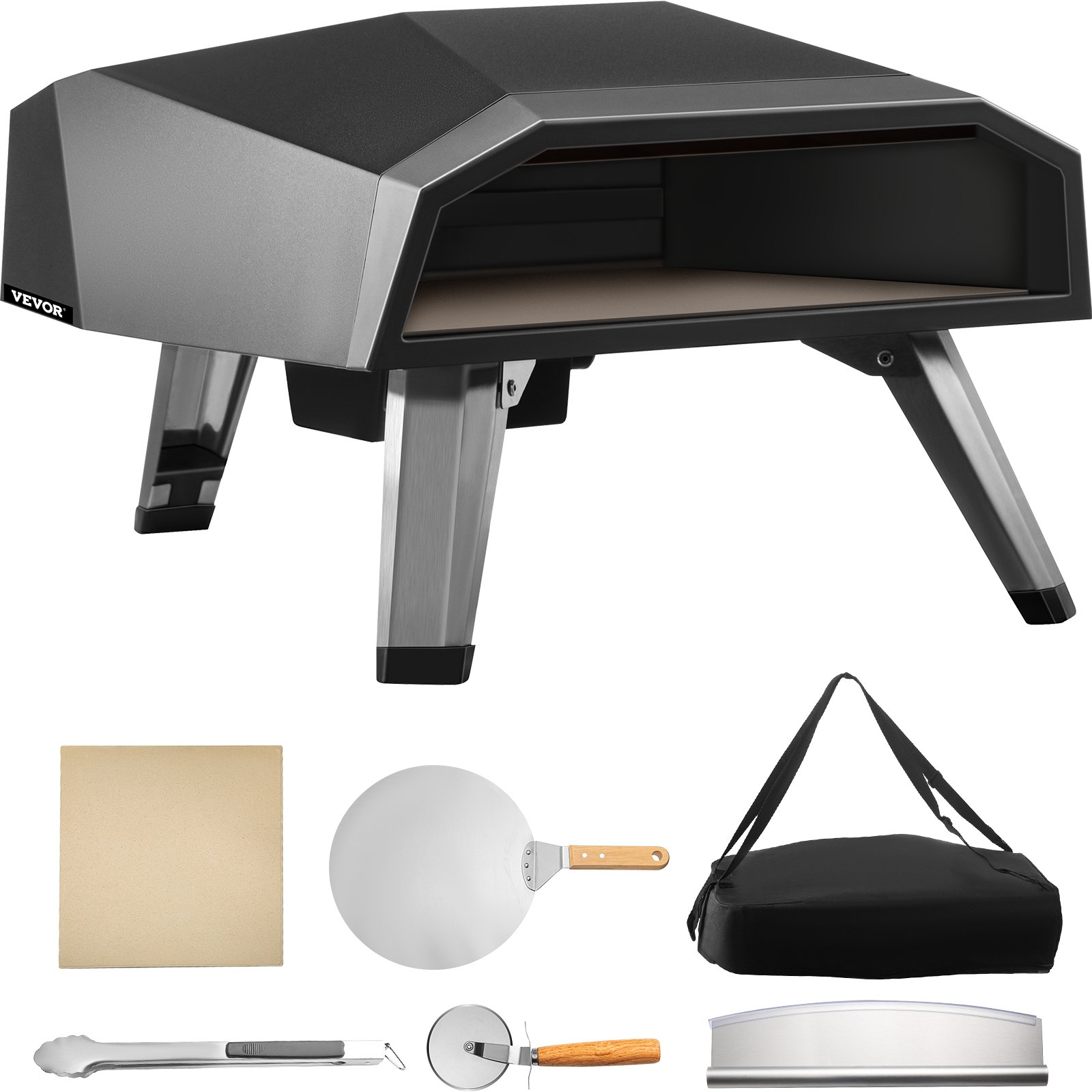 VEVOR BBQ Pizzaofen, 12 Zoll Pizza Pizzaofen Outdoor 644,6 x 400 x 311 mm Pizzaofen Gas 500 ℃ Grill Edelstahl Pizzaofen, Holzbackofen mit Pizzastein, Pizzaschaufel, Pizzaschneider, Schutztasche