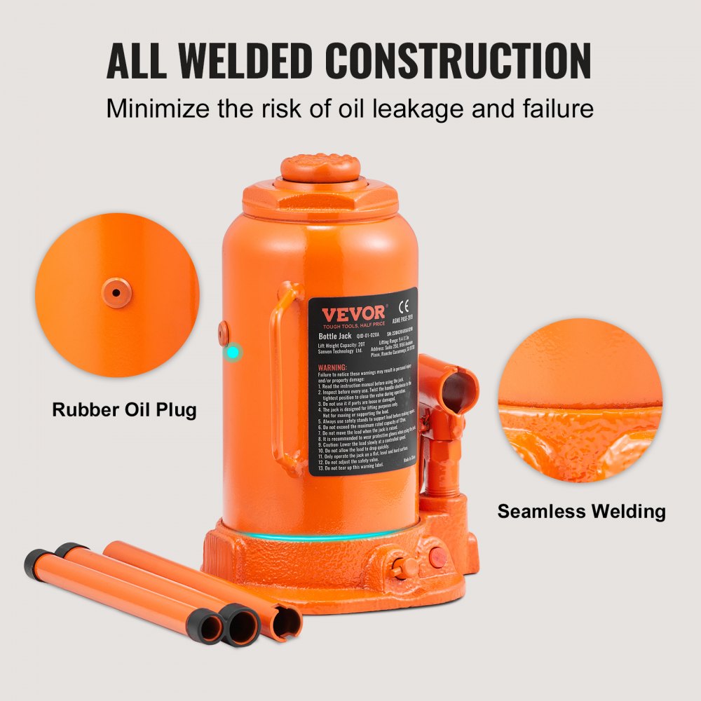 VEVOR 20t Bottle Jack, Hydraulic Jack for Cars and SUVs, 240-450mm, Compact Jack, Support Jack, Portable Hydraulic Cylinder, Orange Hydraulic Jack