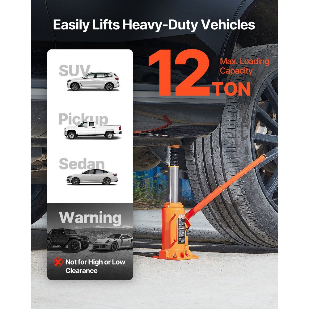 VEVOR hydraulischer Wagenheber Flaschenwagenheber 12 t 205–400 mm Hubbereich, Hochleistungs-Stempelwagenheber für Auto SUV Pickup Autoreparatur Hauslift landwirtschaftliche Geräte, Orange