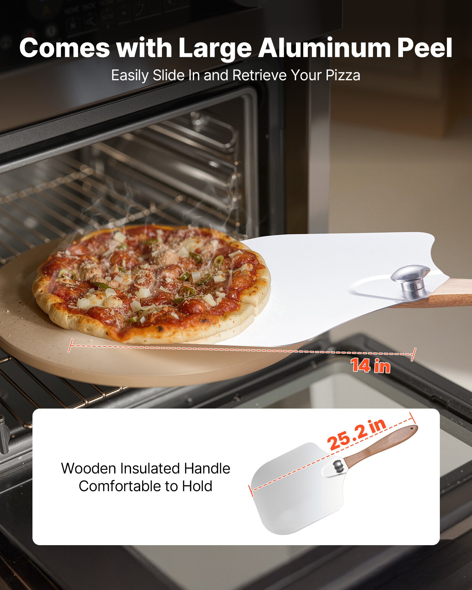 VEVOR Pizza Stone, 381 mm Round Cordierite Pizza Stone, Extra Large Baking-Stone with Aluminum Peel, 17 mm Thickness Heat-Resistant Cooking Cordierite, for Kitchen Oven, Baking Pizzas, BBQ Grilling