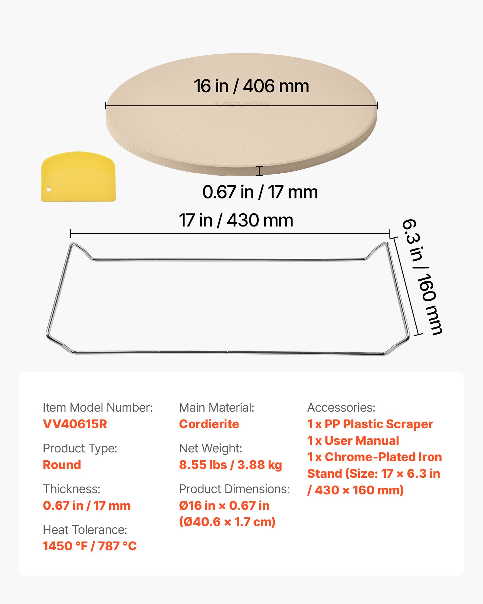 VEVOR Pizzastein Backstein 406 x 406 mm, runder Cordierit-Pizzastein, extra große Steinplatte mit Schaber & Ständer, 17 mm dick, hitzebeständig, für Küchenofen Brotbacken Pizzabacken Grillen