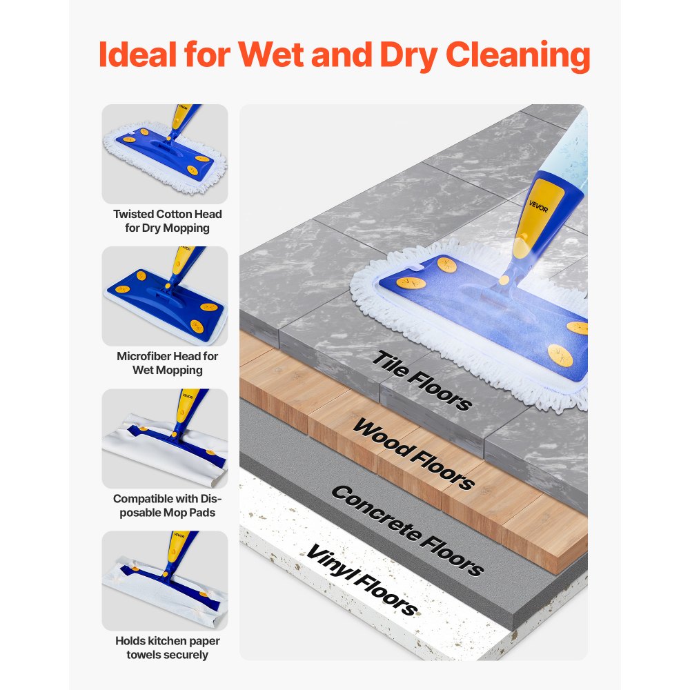 VEVOR Spray Mop, with 3 Washable Pads for Dry and Wet Floor Cleaning & an 800ml Refillable Water Tank, Microfiber Dust Wet Mop & Twisted Cotton Dry Mop, Commercial Home Use for Tiles/Vinyl/Wood Floor
