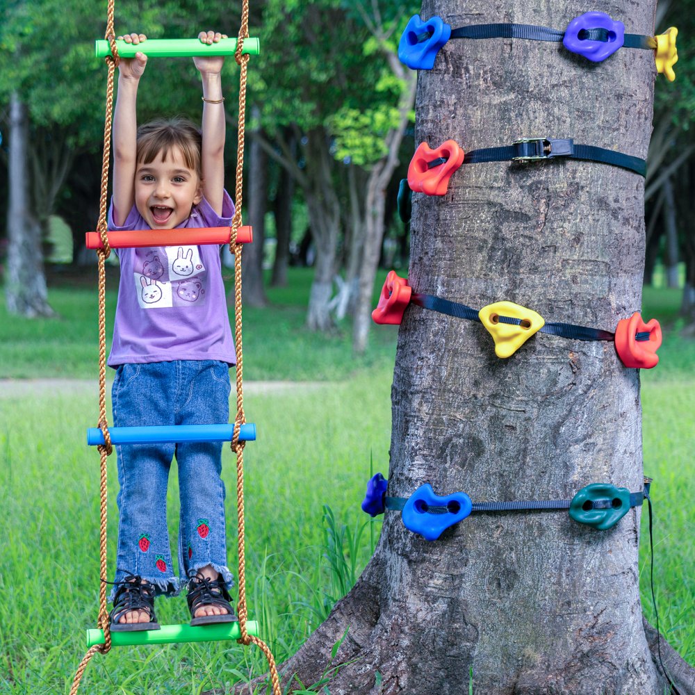VEVOR Ninja-Baumkletterset 12 Baumklettergriffe und 6 Ratschengurte für Kinder und Erwachsene, verschiedene Farben und Formen, für Ninja-Warrior-Hindernistraining Outdoor Ninja-Krieger im Freien