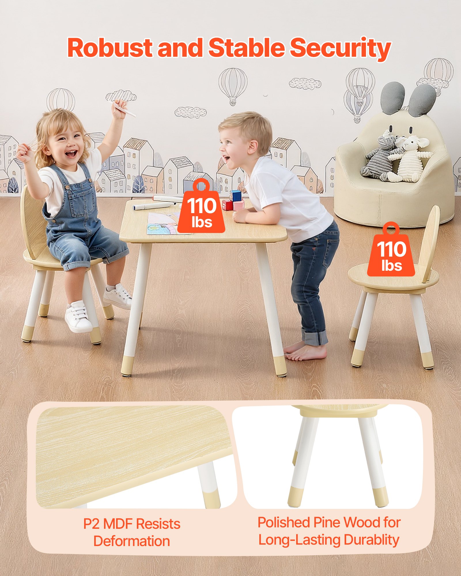 VEVOR Kindertisch mit 2 Stühlen & mit abgerundeten Kanten & Graffiti-Tischplatte, Maltisch Set zum Lesen Lernen Zeichnen Schreiben, Kindersitzgruppe Kindertagesstätte, Basteltisch Spieltisch