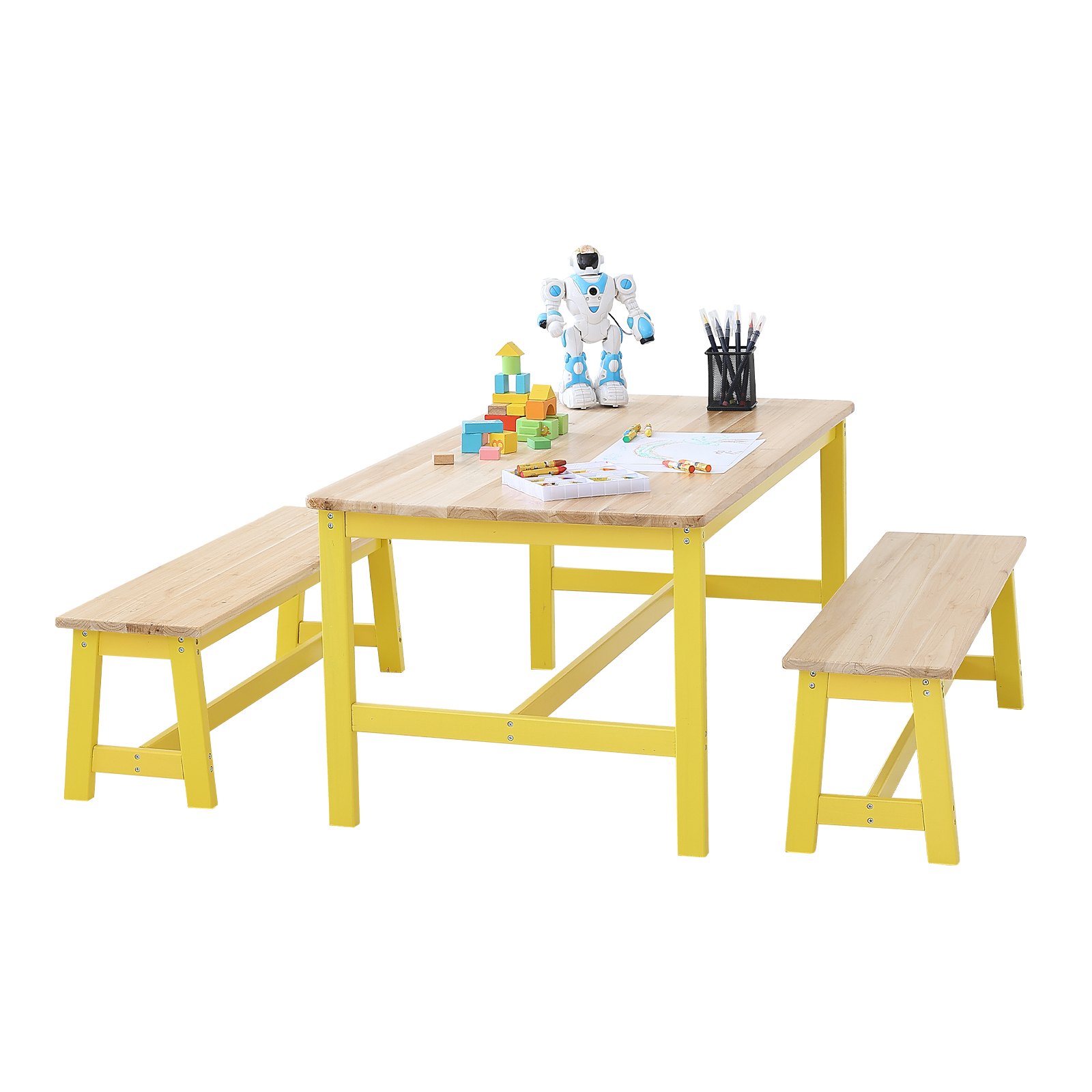 VEVOR Kindersitzgruppe Kindertisch, 2 Bänke 1 Tisch Kindersitzgruppe aus Massivholz, Kindertisch-Set Stabile Kindermöbel Sitzmöbel für Kinder, Mädchen, Jungen, Spielzimmer Kindermöbelset Gelb