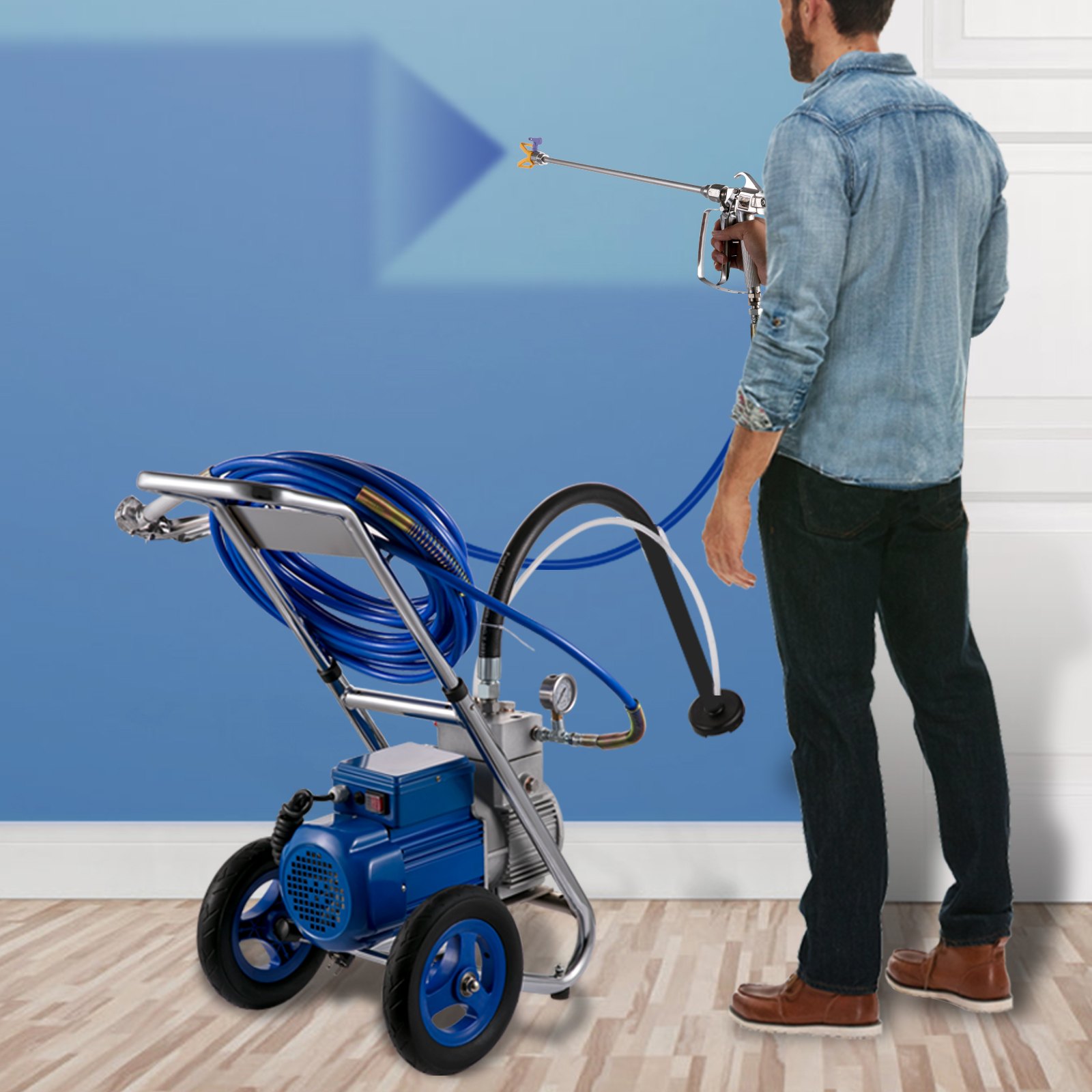 VEVOR Farbspritzpistole 1500 W Farbspritzgerät 1,4 L Farbsprühsystem mit Wagen 250 bar Spritzpistole Wandfarben Lacke Gleichstrommotor 600 W Max