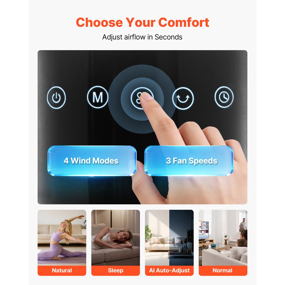 VEVOR 60W Turmventilator, 107cm Säulenventilator mit 3 Geschwindigkeiten 4 Modi 12 Std. Timer, 70° Oszillierender Ventilator mit Fernbedienung, Leiser Standventilator für Schlafzimmer Büro, Schwarz