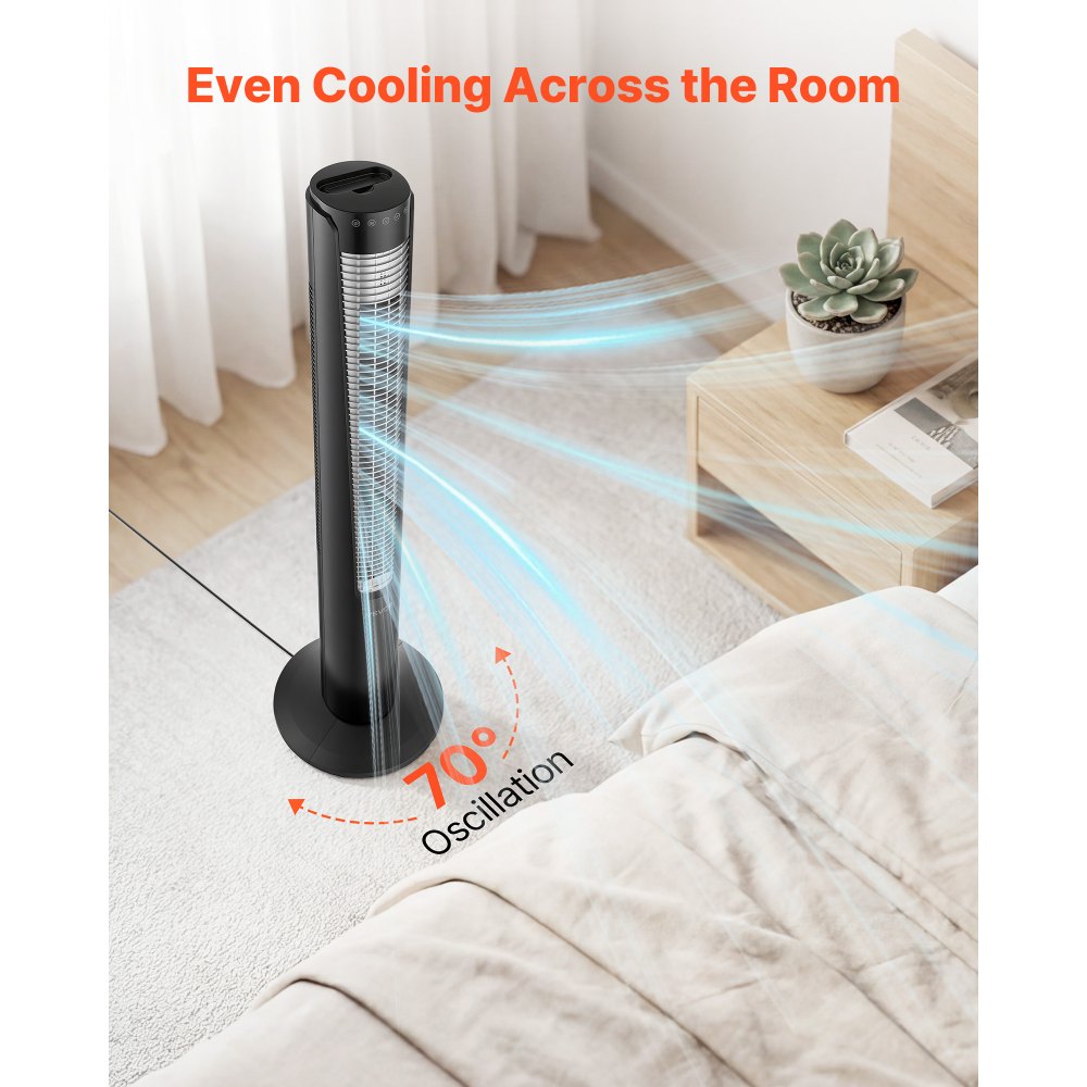 VEVOR 60W Turmventilator, 107cm Säulenventilator mit 3 Geschwindigkeiten 4 Modi 12 Std. Timer, 70° Oszillierender Ventilator mit Fernbedienung, Leiser Standventilator für Schlafzimmer Büro, Schwarz