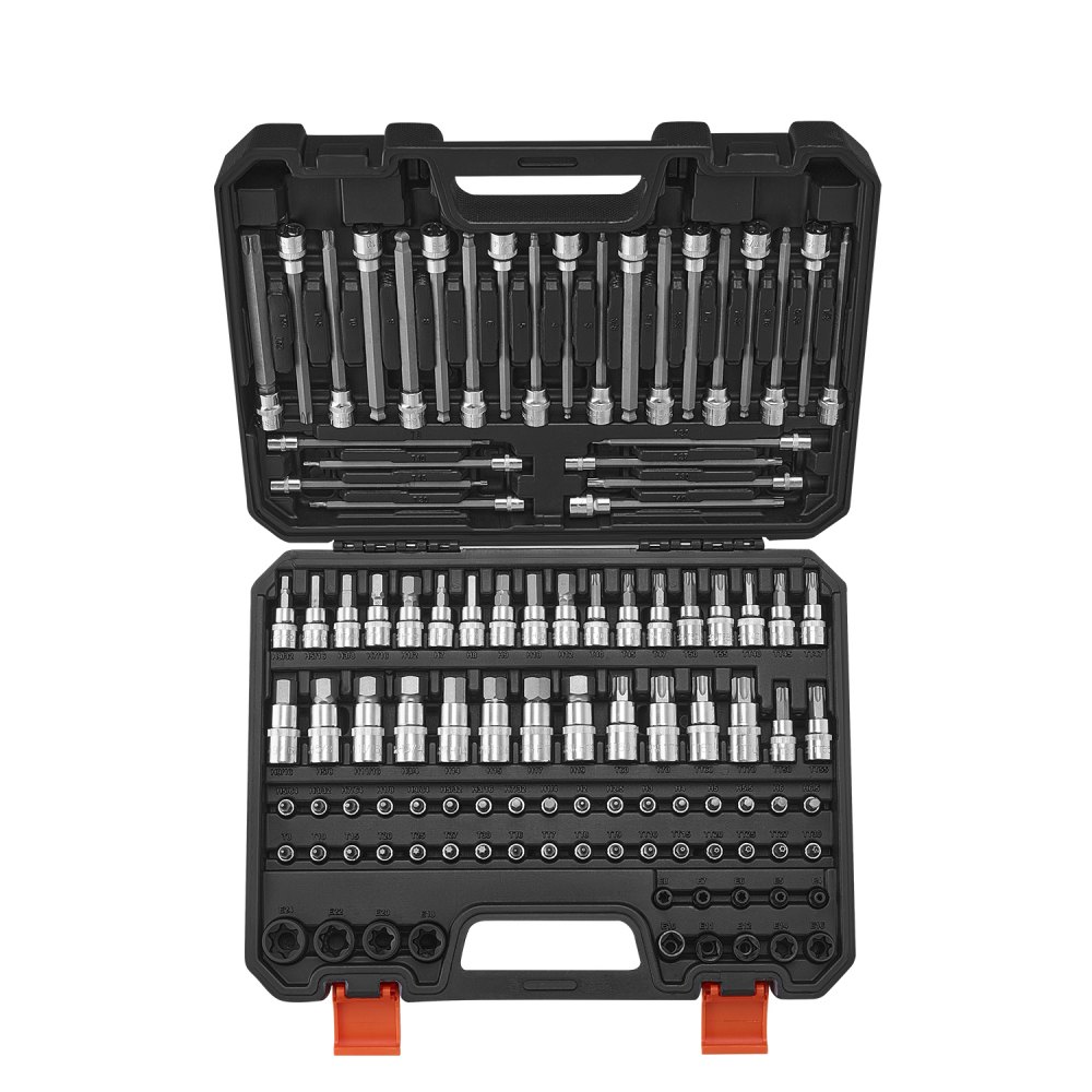 VEVOR Bohrer-Steckschlüsselsatz, 107-tlg. Sechskant/Torx/Außen-Torx/manipulationssicher/extra lang, S2-Legierungsstahl und Cr-V-Stahl, 1/4, 3/8 und 1/2 Zoll Antrieb, mit Aufbewahrungskoffer