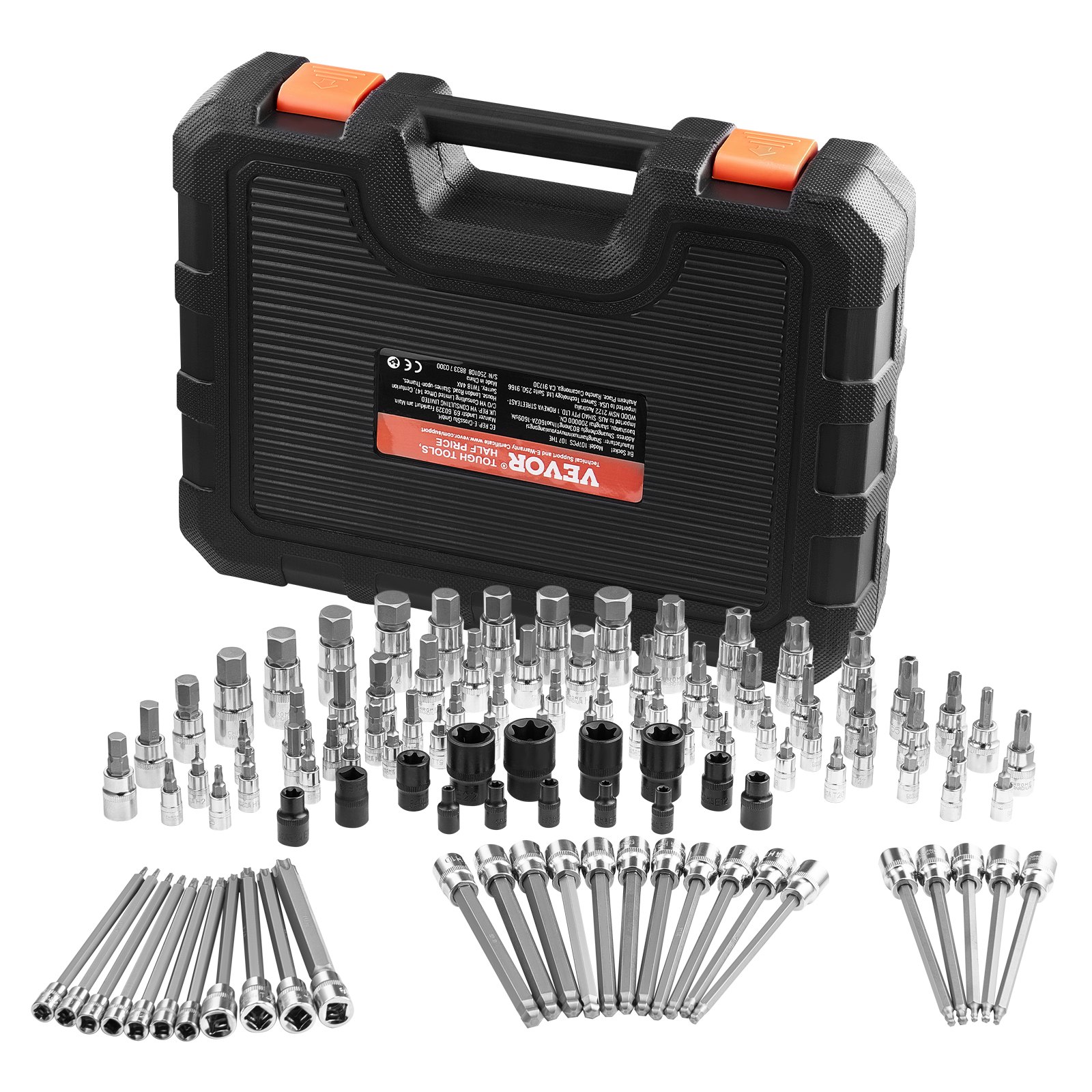 VEVOR Bohrer-Steckschlüsselsatz, 107-tlg. Sechskant/Torx/Außen-Torx/manipulationssicher/extra lang, S2-Legierungsstahl und Cr-V-Stahl, 1/4, 3/8 und 1/2 Zoll Antrieb, mit Aufbewahrungskoffer