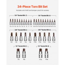 VEVOR Torx Bohrer Steckschlüsselsatz 34-tlg, massiver Stern & manipulationssicher T6-T70, S2-Legierungsstahl & Cr-V-Stahl, 1/4 & 3/8 & 1/2 Zoll Antriebe, mit Aufbewahrungskoffer, für Handbenutzung