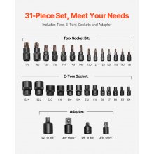 VEVOR Torx Bohrer Steckschlüsselsatz Außen-Torx-Steckschlüsselsatz, 31-teilig T8-T70 & E4-E24, S2-Legierungsstahl & Cr-V-Stahl, 1/4 & 3/8 Zoll & 1/2 Zoll Antriebe, mit Adapter & Aufbewahrungskoffer