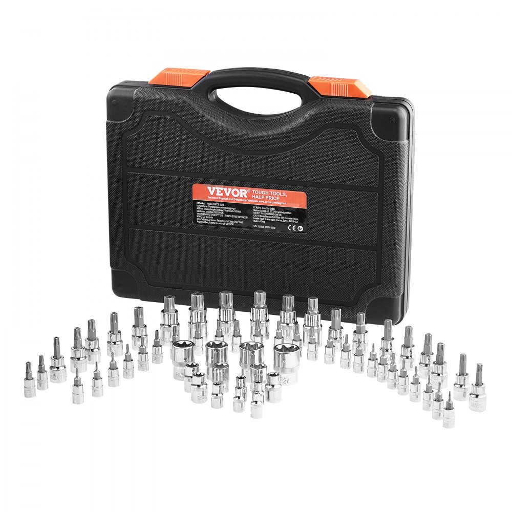 VEVOR Torx Drill Bit Socket Set, External Torx Socket Set, 60-Piece, T6-T70, TT6-TT70, TP8-TP60, E4-E24, S2 Alloy Steel & Cr-V Steel, with 1/4", 3/8", & 1/2" Drives & Storage Case