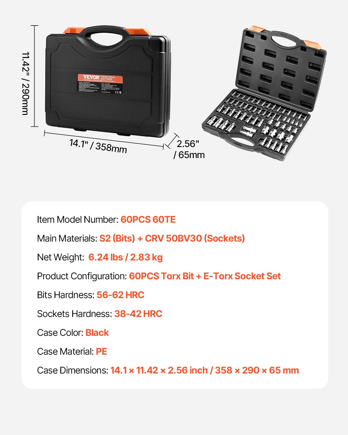 VEVOR Torx Drill Bit Socket Set, External Torx Socket Set, 60-Piece, T6-T70, TT6-TT70, TP8-TP60, E4-E24, S2 Alloy Steel & Cr-V Steel, with 1/4", 3/8", & 1/2" Drives & Storage Case