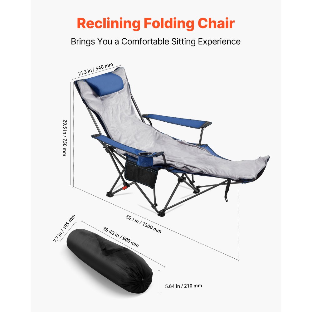 VEVOR Campingstuhl faltbar, Liegestuhl mit 4 verstellbaren Positionen, Relaxsessel Liege mit Getränkehalter, Strandstuhl mit Kopfstütze & Fußstütze, trägt 100 kg, für Outdoor Camping, blau