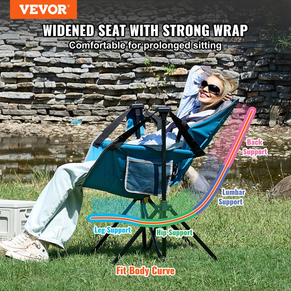 VEVOR Reclining Camping Chair, 300 lbs Weight Capacity Camping Hanging Chair, Swing Lounge Folding Chair with Drink Holder, Storage Bag, Headrest and Adjustable Backrest, for Camping and Other Outdoor Activities
