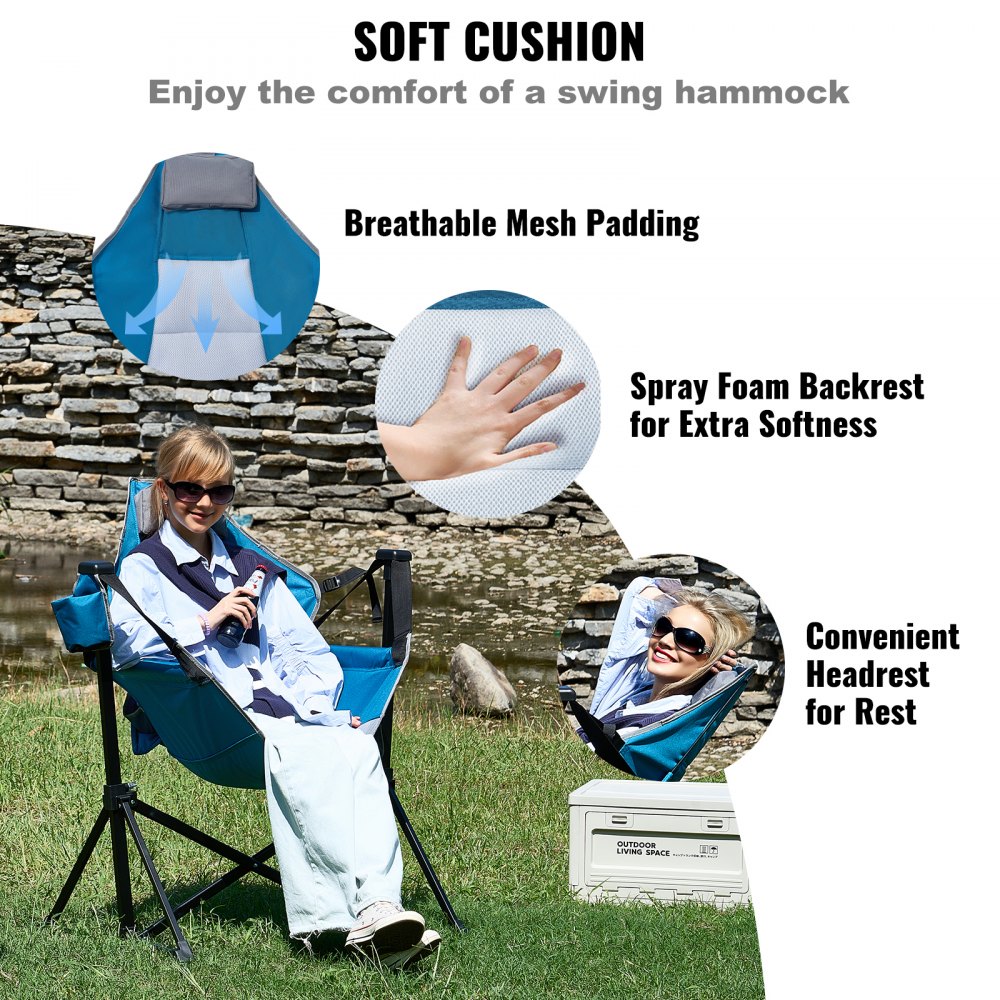 VEVOR Reclining Camping Chair, 300 lbs Weight Capacity Camping Hanging Chair, Swing Lounge Folding Chair with Drink Holder, Storage Bag, Headrest and Adjustable Backrest, for Camping and Other Outdoor Activities