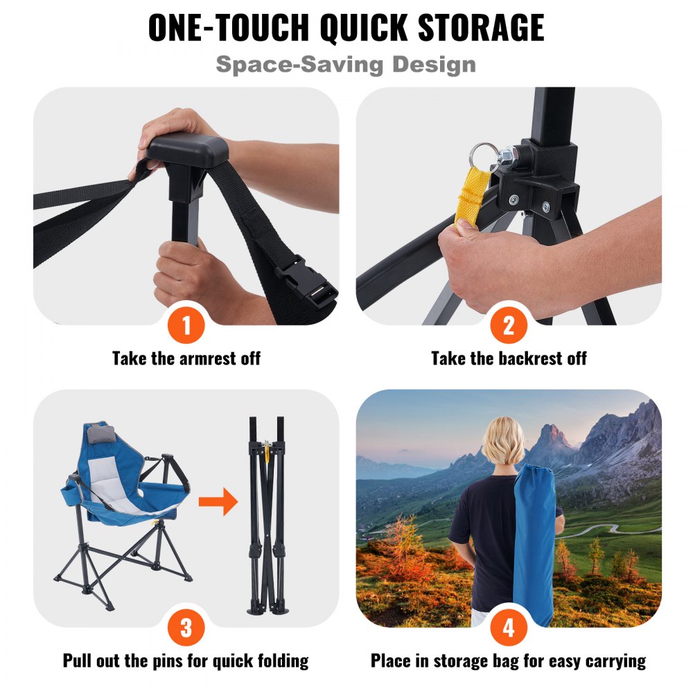 VEVOR Reclining Camping Chair, 300 lbs Weight Capacity Camping Hanging Chair, Swing Lounge Folding Chair with Drink Holder, Storage Bag, Headrest and Adjustable Backrest, for Camping and Other Outdoor Activities