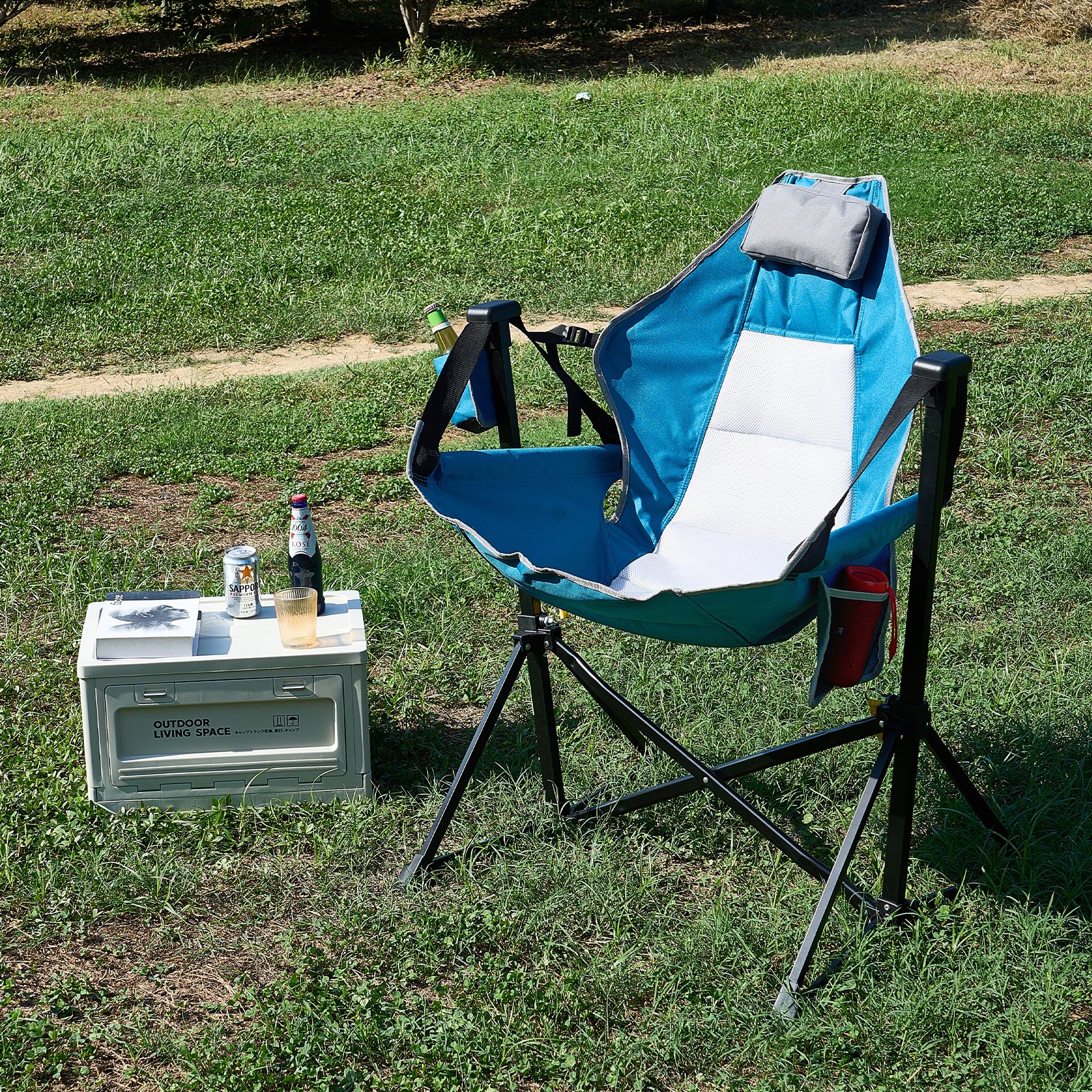 VEVOR Liegender Campingstuhl, 300 lbs Tragkraft Camping-Hängestuhl, Schaukel-Lounge-Klappstuhl mit Getränkehalter, Aufbewahrungstasche, Kopfstütze und verstellbarer Rückenlehne, für Camping und andere Outdoor-Aktivitäten