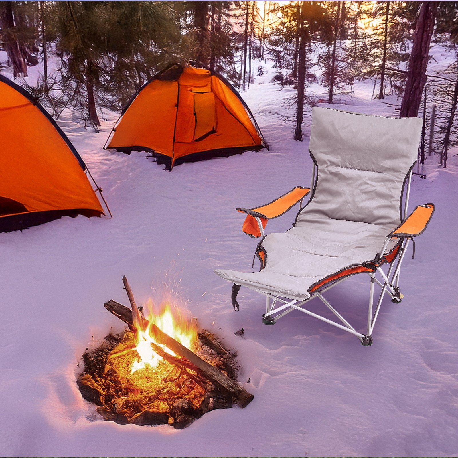 VEVOR Campingstuhl, Campingliege bis 150 kg, Gartenstuhl mit Fußstütze, Getränkehalter, Seitentasche und Kopfstütze, Liegestuhl, Strandliege für Camping, Angeln und Outdoor-Aktivitäten, Orange-Grau