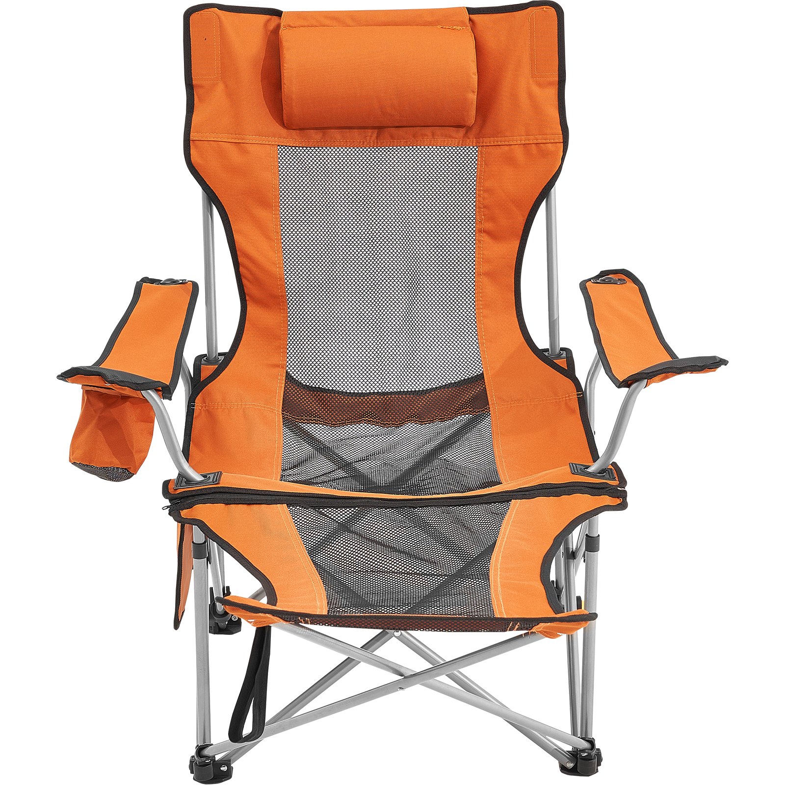 VEVOR Campingstuhl, Campingliege bis 150 kg, Gartenstuhl mit Fußstütze, Getränkehalter, Seitentasche und Kopfstütze, Liegestuhl, Strandliege für Camping, Angeln und Outdoor-Aktivitäten, Orange-Grau